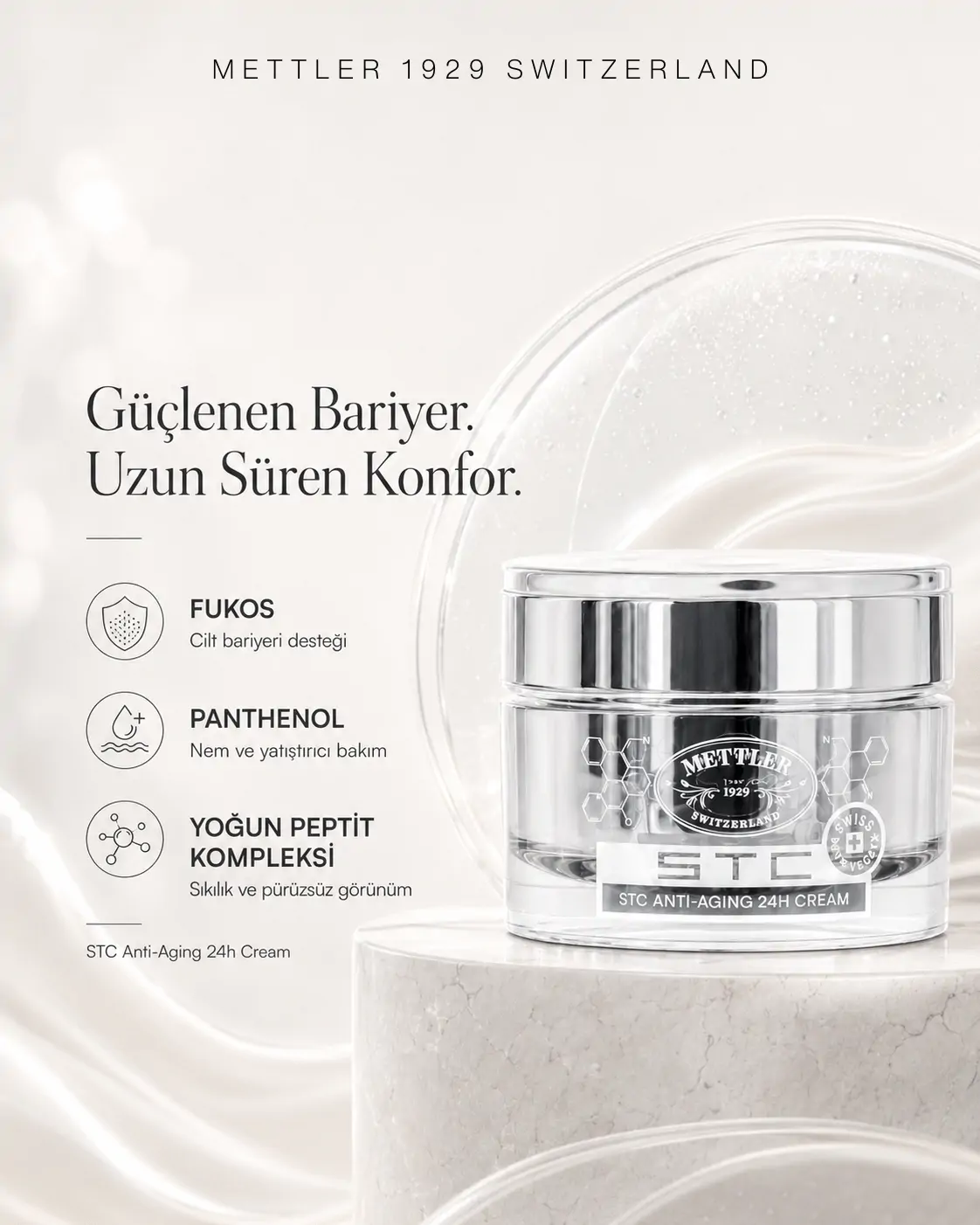 METTLER STC Anti-Aging 24h Cream Fukos, Panthenol ve yoğun peptit kompleksi