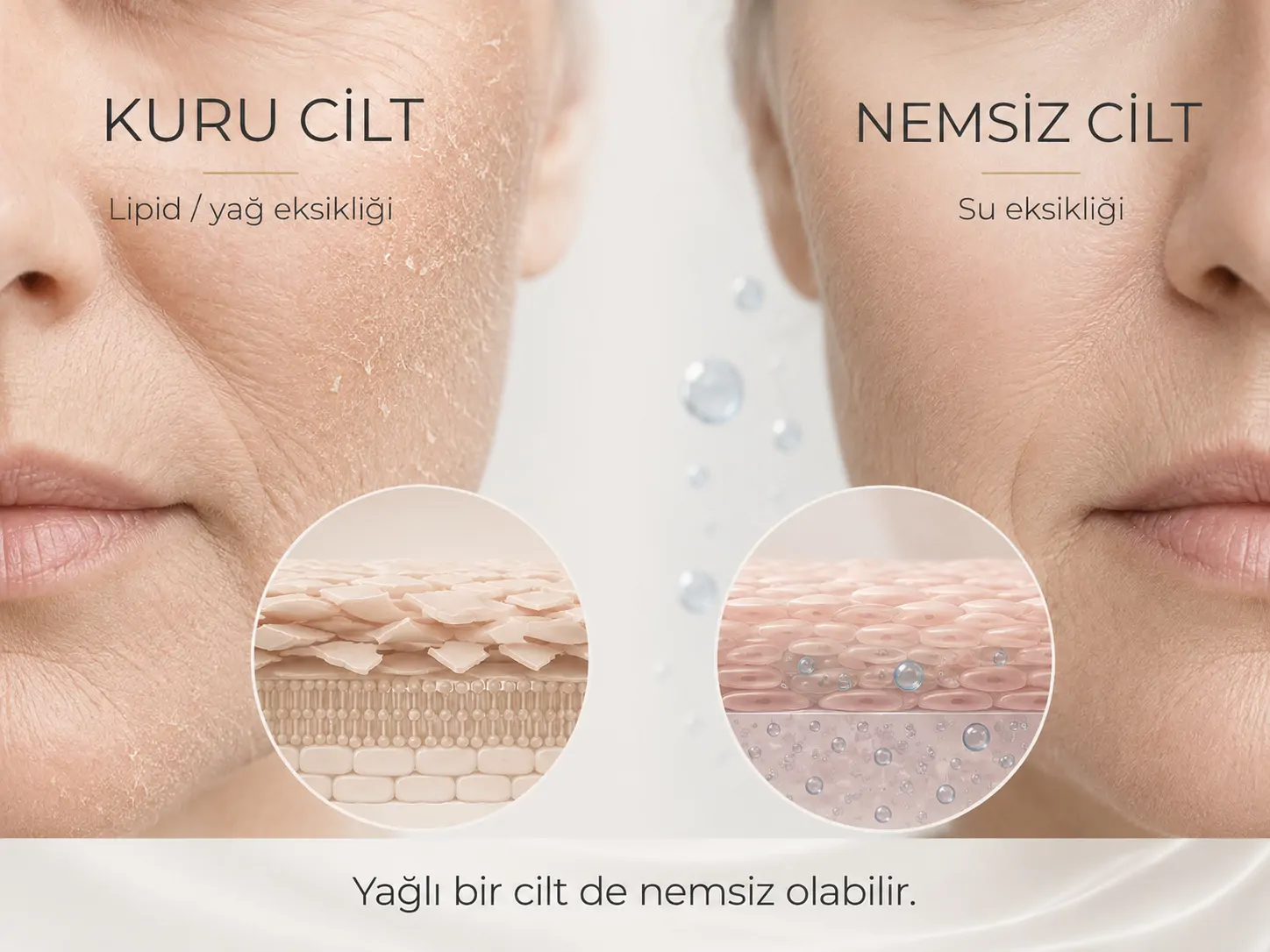 Kuru cilt ile nemsiz cilt arasındaki farkları gösteren karşılaştırma